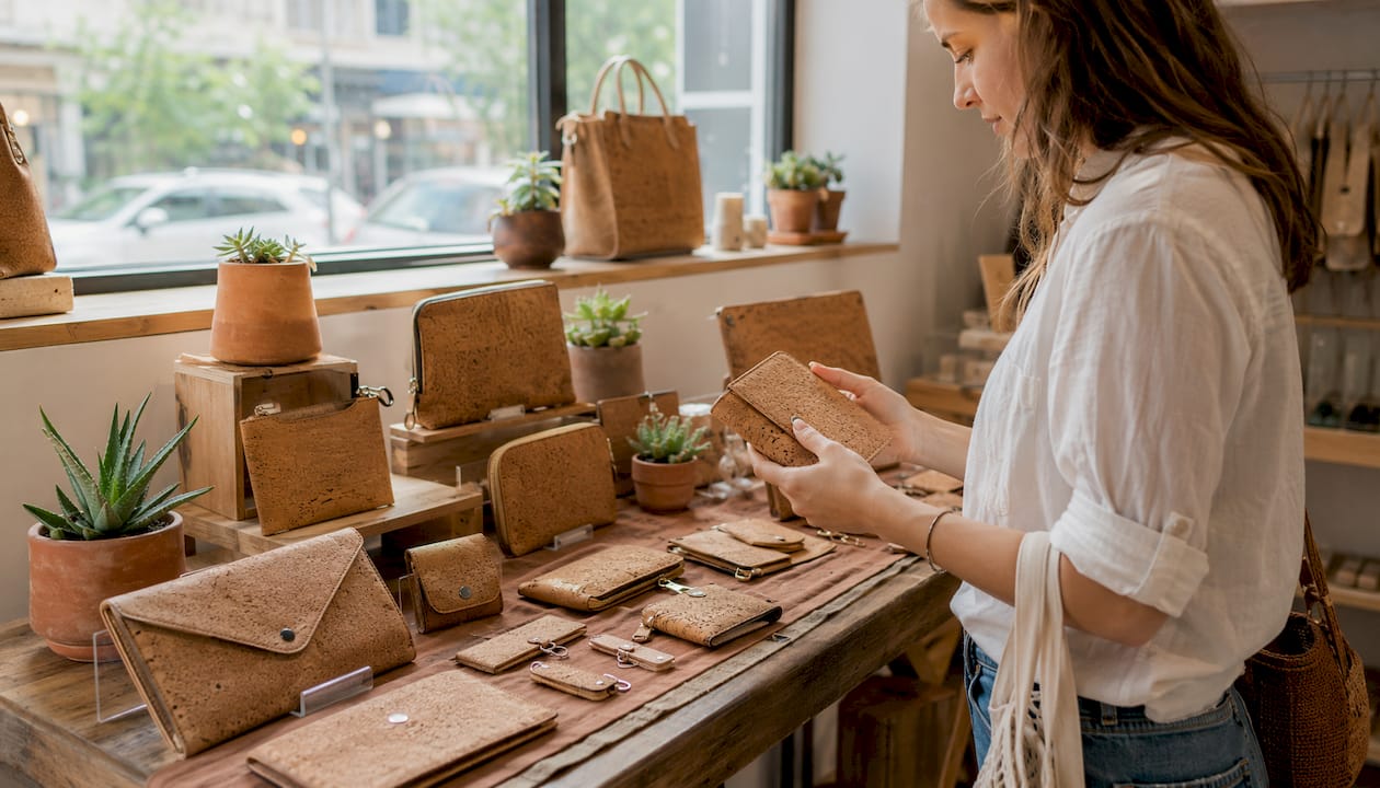 Cruelty-free cork accessories on display table