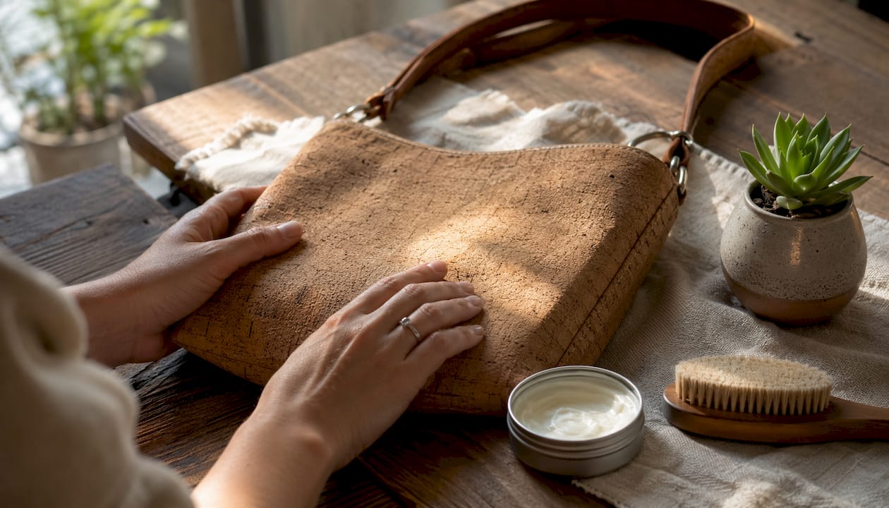 Hands reviewing cork vegan bag details carefully