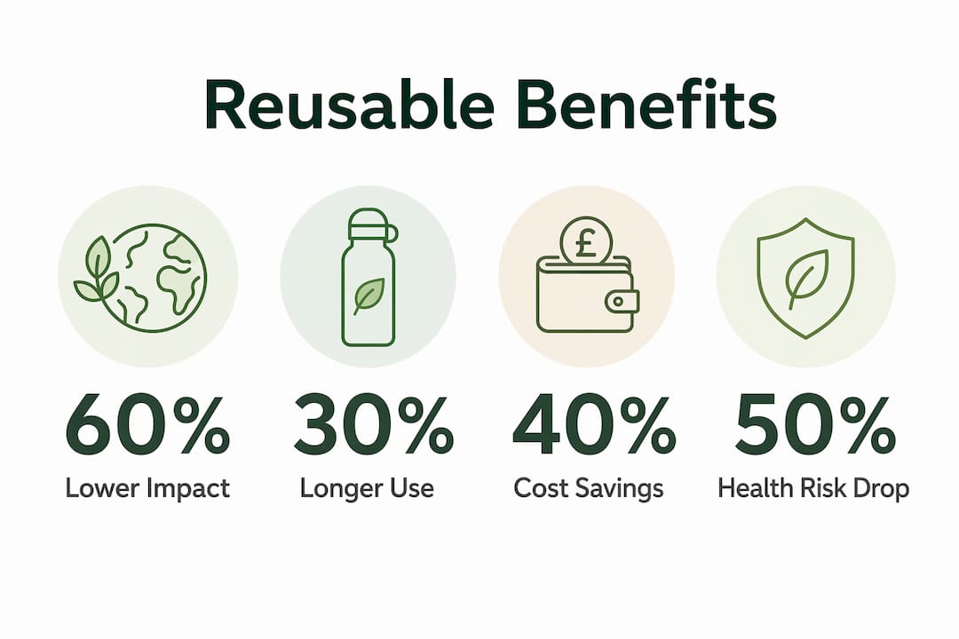 Infographic showing key benefits of reusable vegan products
