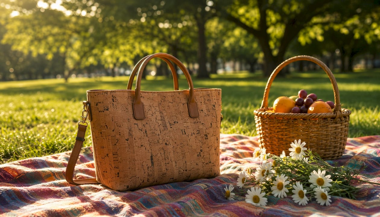 Close-up of cork handbag on park bench outdoors