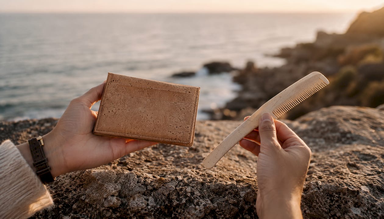 Hands comparing cork and biodegradable accessories outdoors