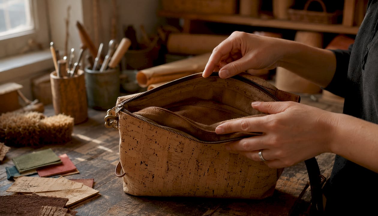 Hands examining interior lining of cork bag