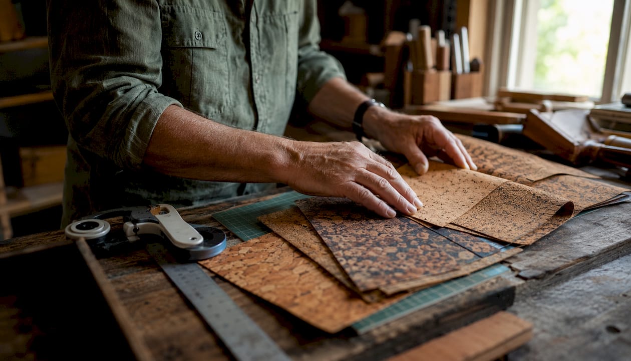Hands testing durability of cork fabric