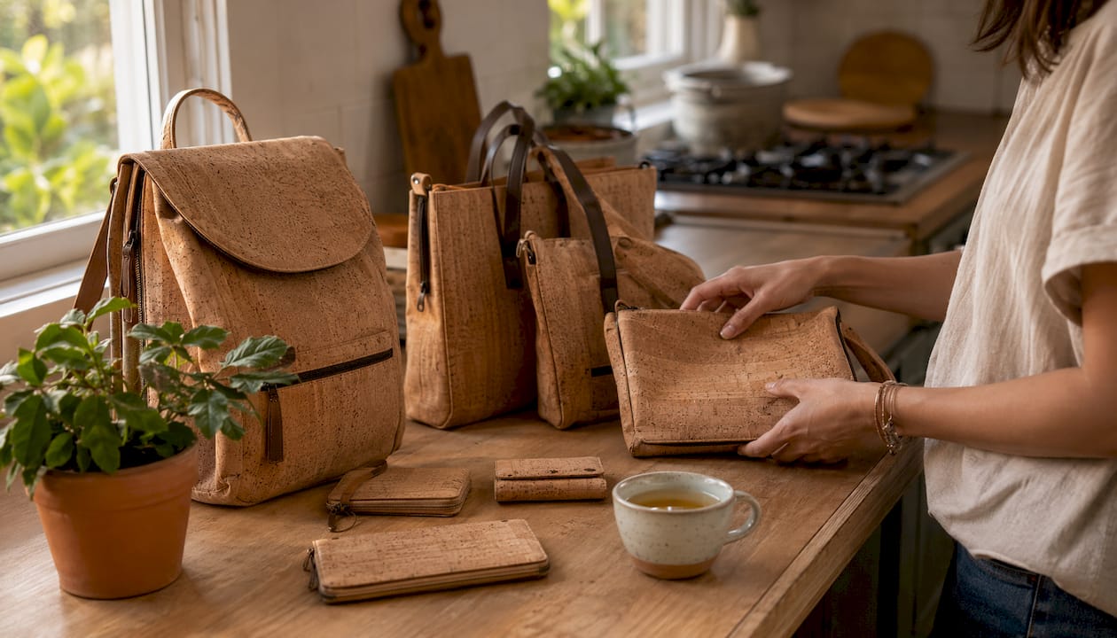 Close-up of vegan cork accessories and hands