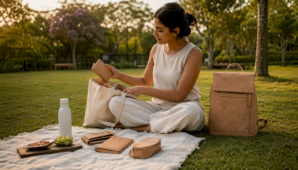 Hands unpacking vegan cork accessories at home