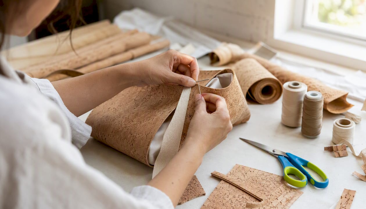 Designer hands sewing vegan cork handbag details