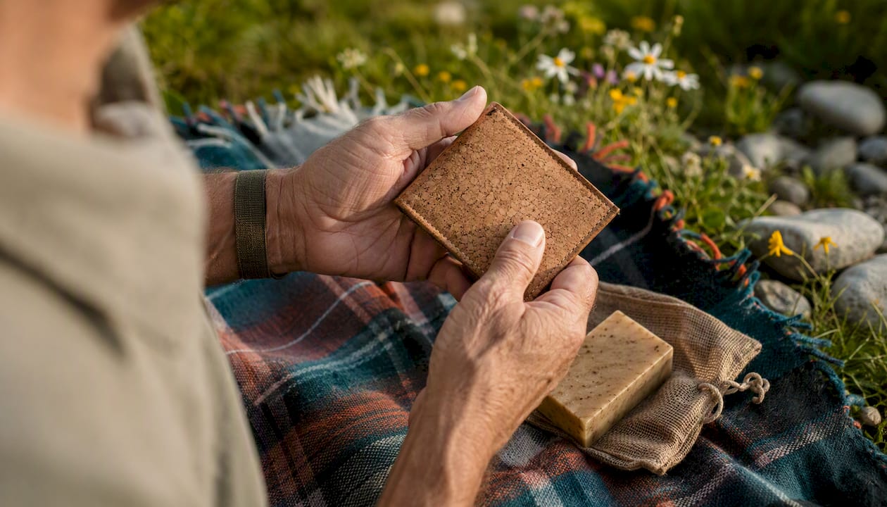 Close-up of hands holding cork wallet and soap