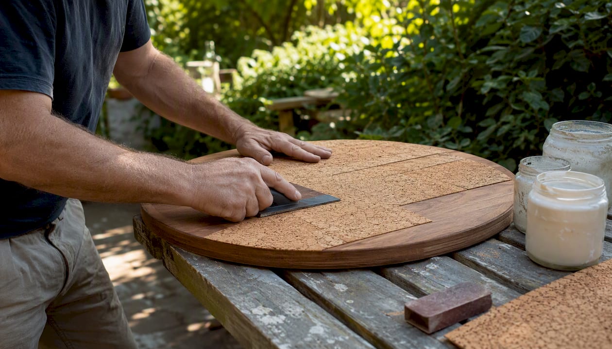 Hands applying cork veneer tiles on tabletop