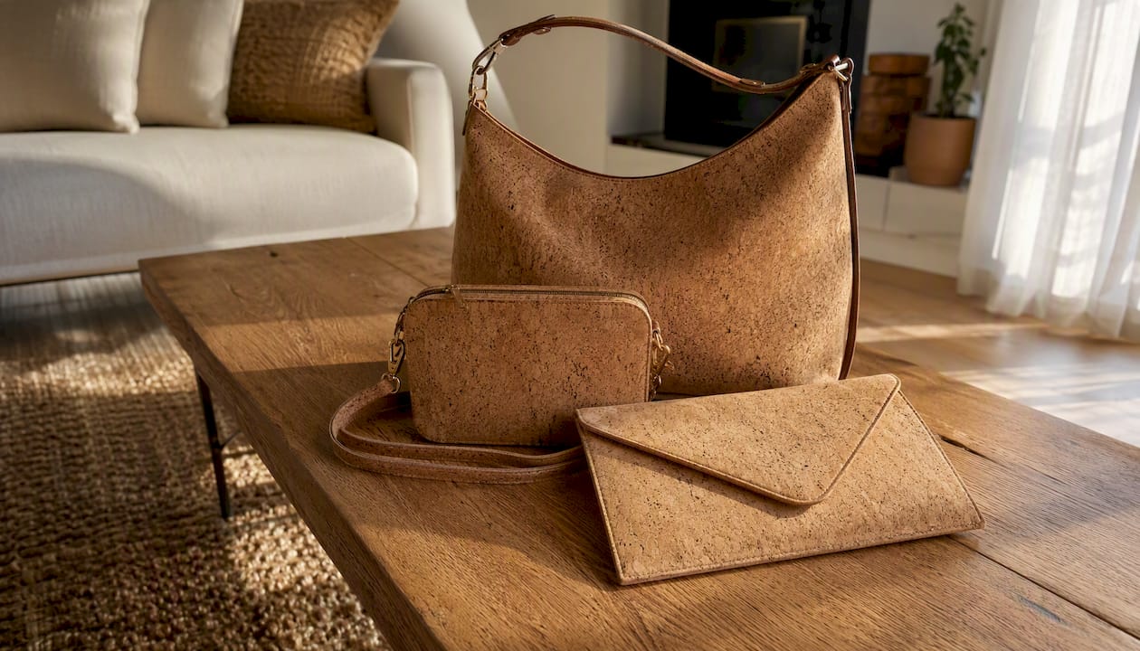 Three different cork handbag styles on linen bench