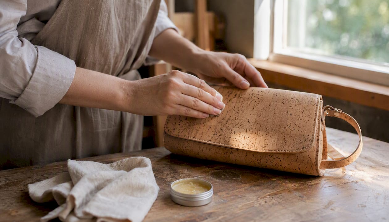 Hands applying beeswax to cork handbag
