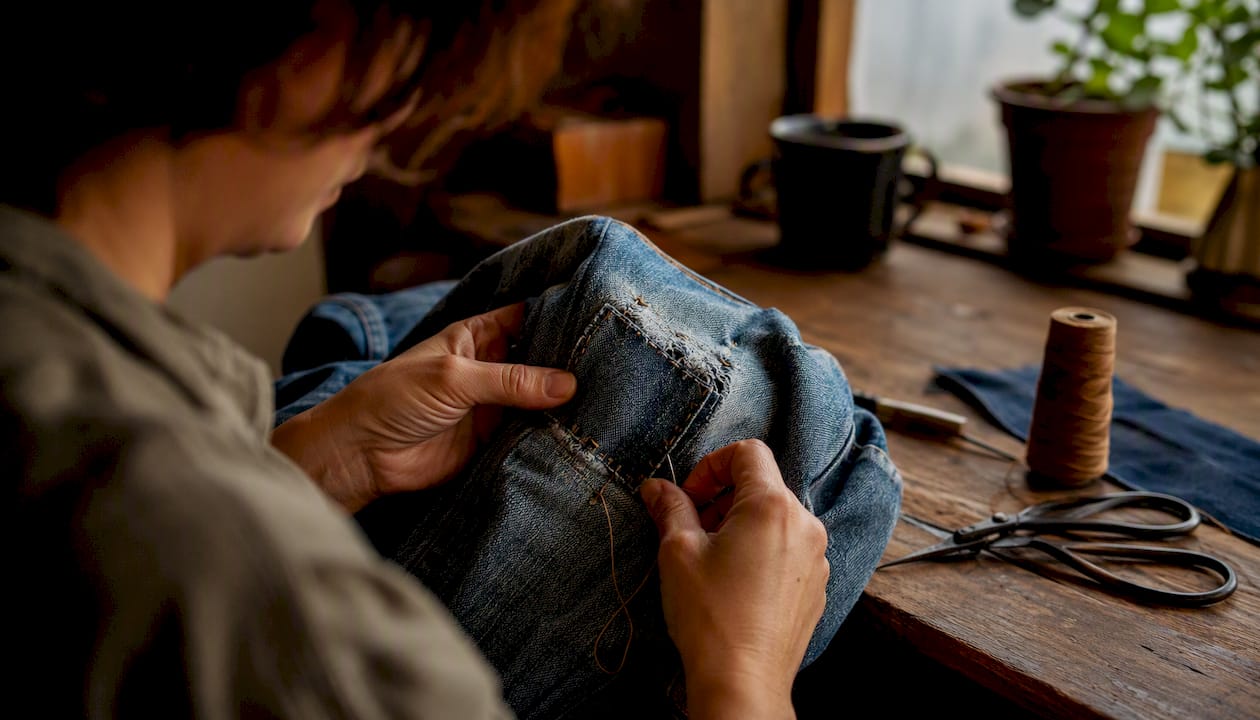 Hands repairing denim jeans with patch