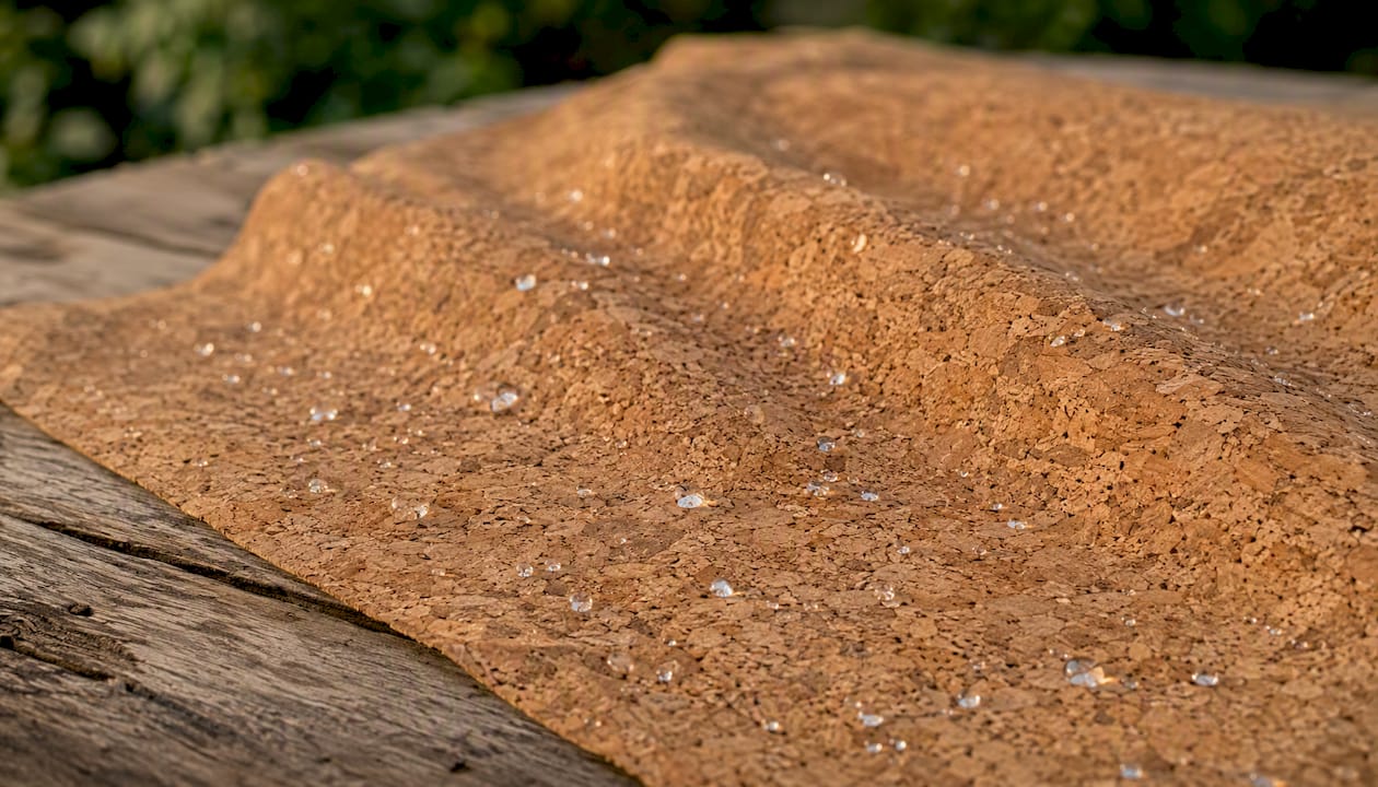 Close-up of water droplets on cork fabric texture