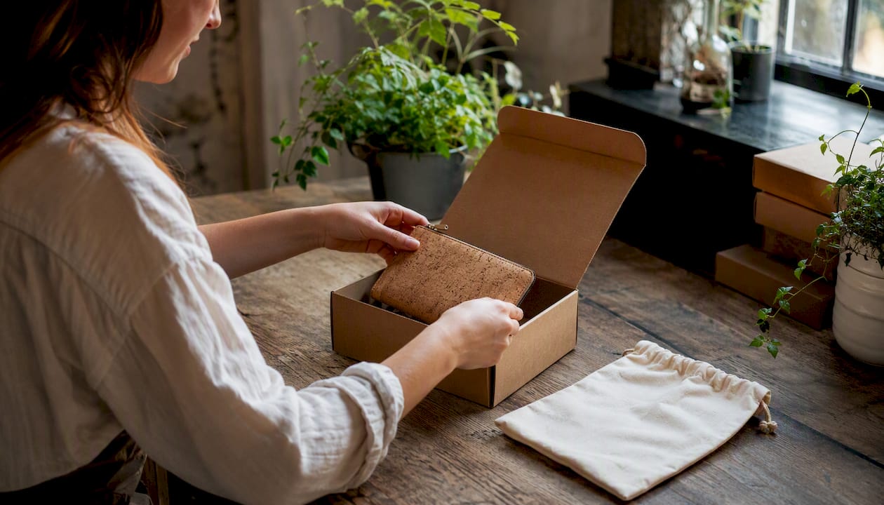 Cork wallet packed in eco box