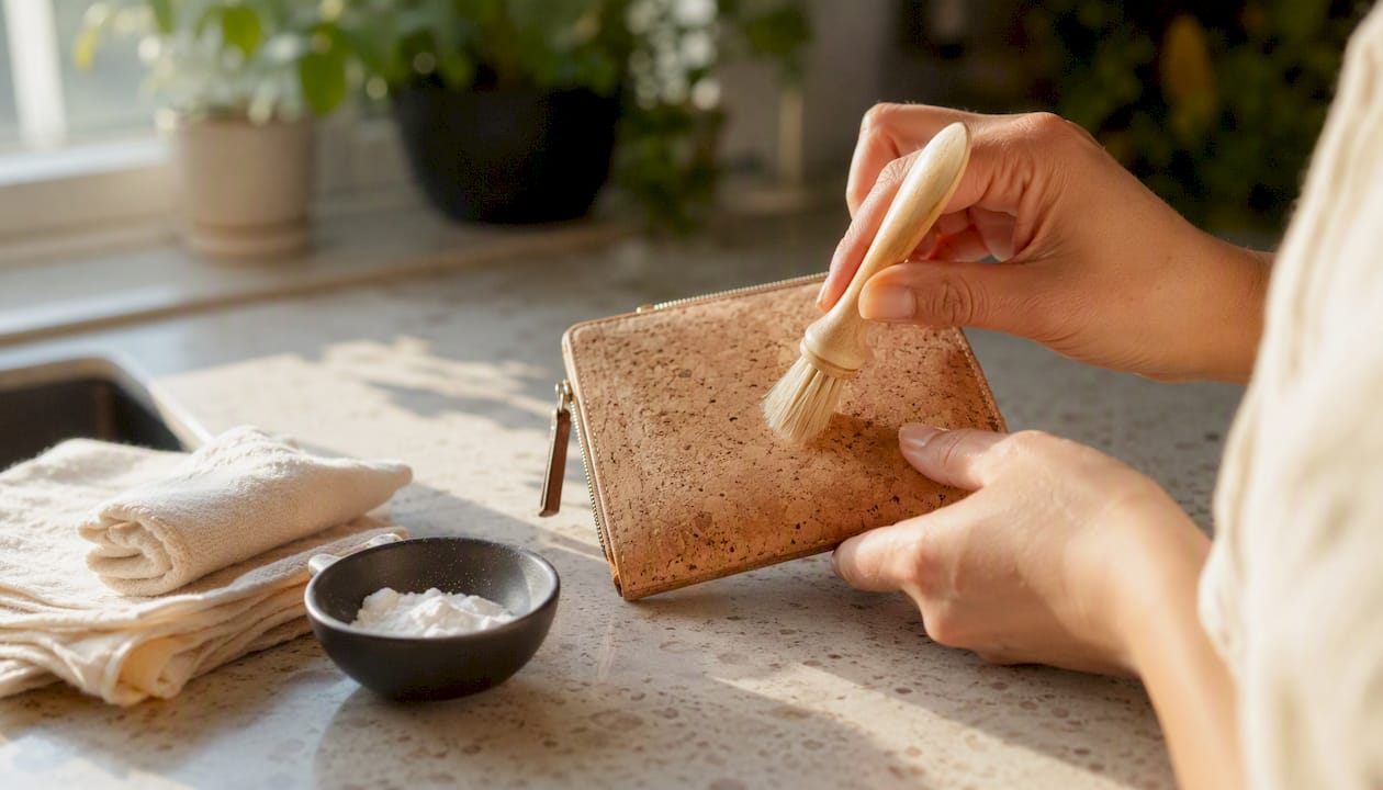 Soft brush cleaning cork wallet stain