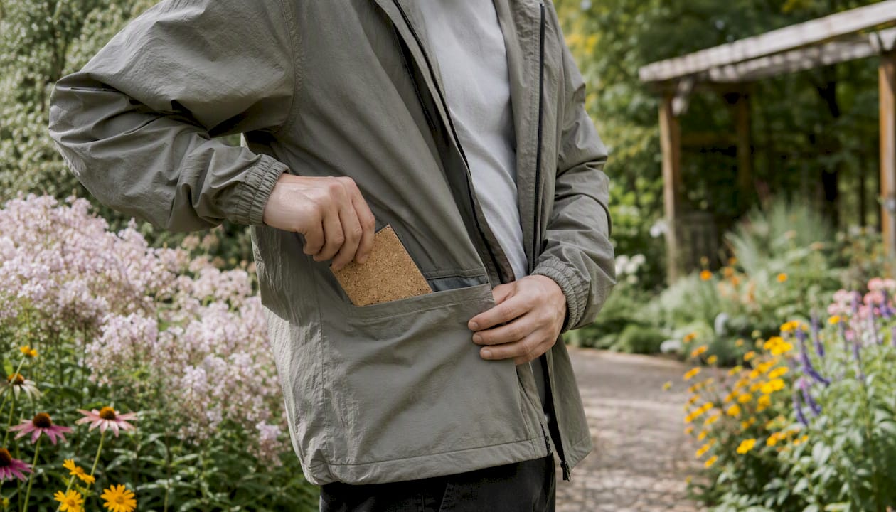 Hands putting cork wallet in pocket