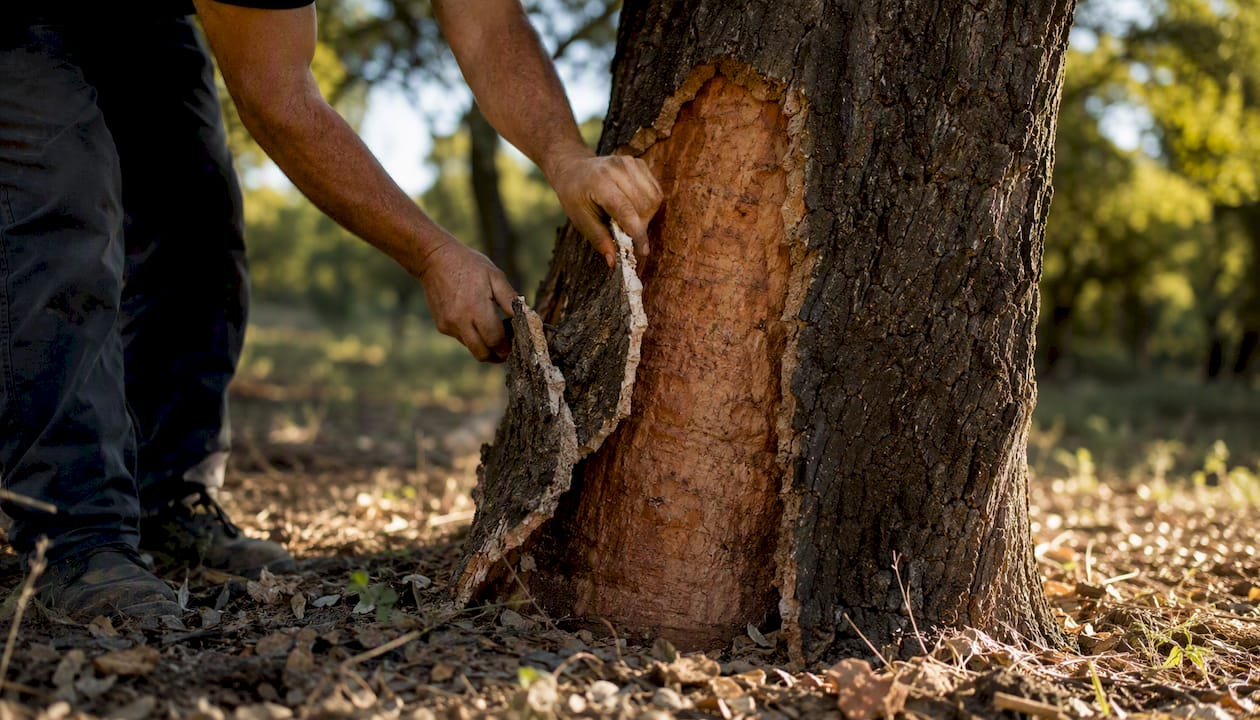 Hands harvesting cork bark from tree
