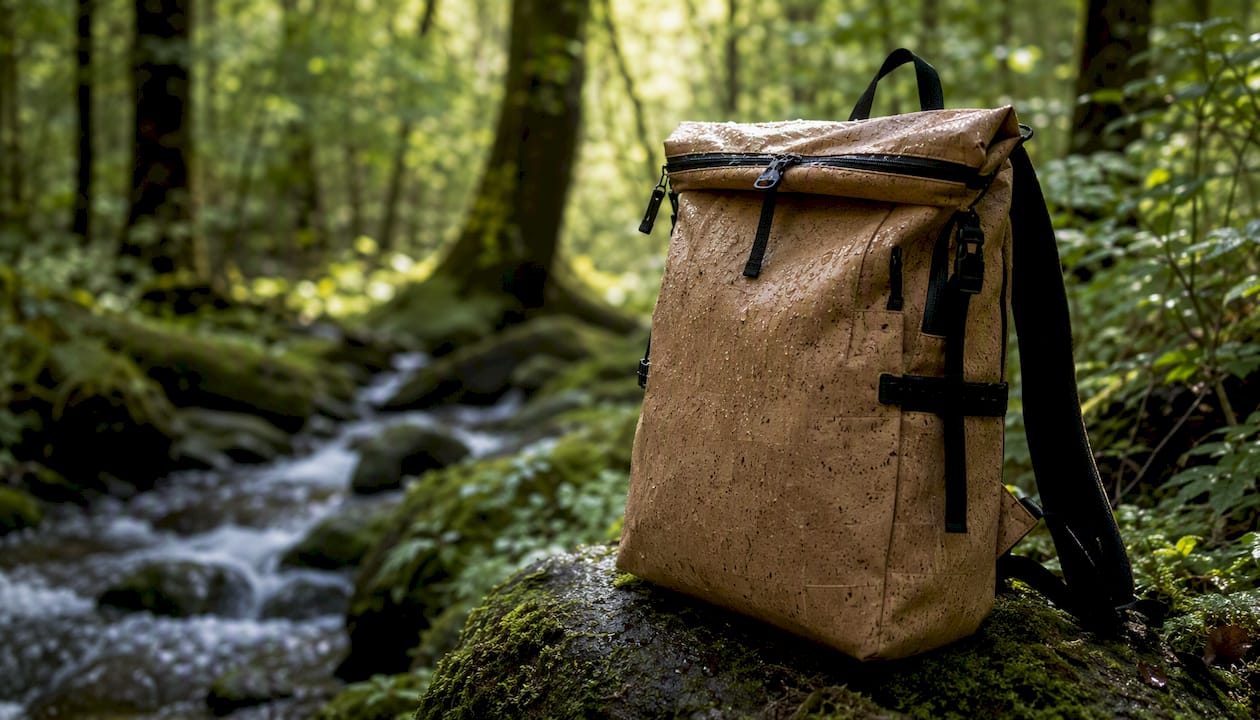 Water droplets on cork fabric backpack