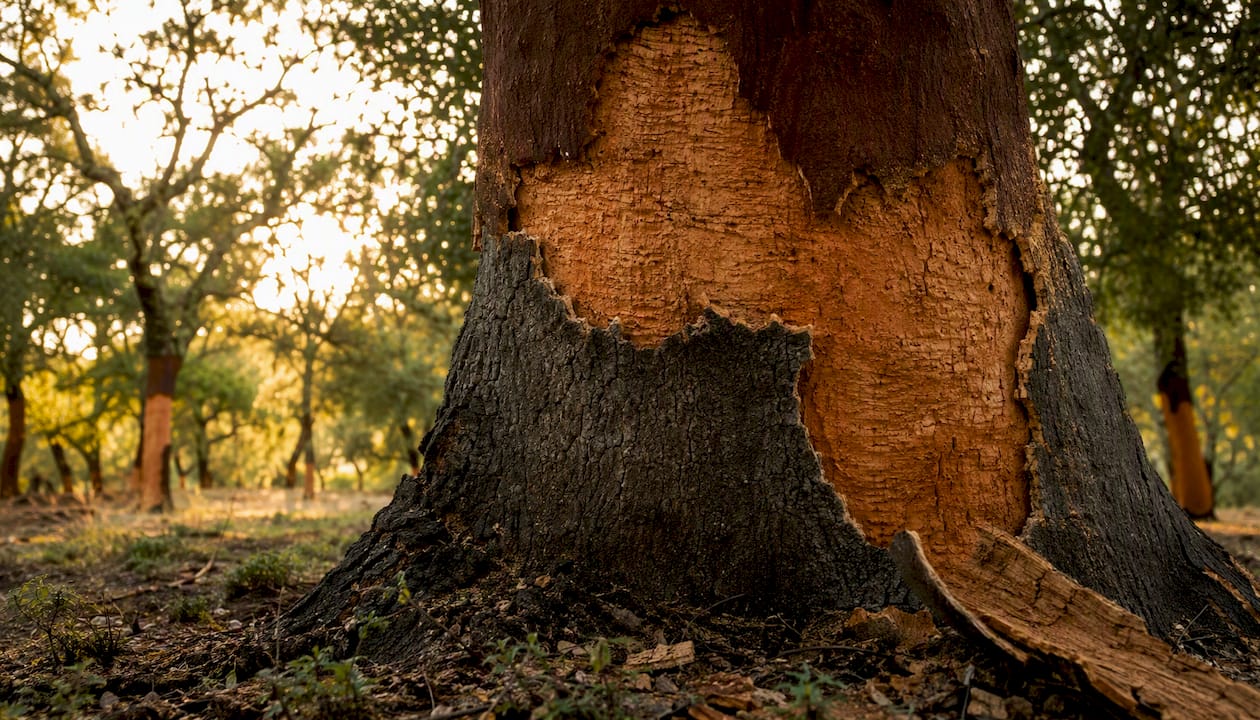 Cork oak tree with partially harvested bark