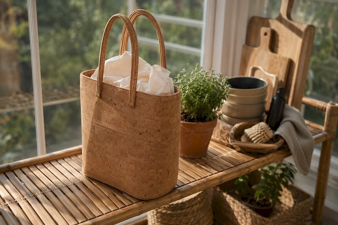 Cork handbag drying upright with tissue inside