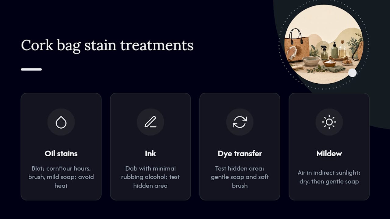 Diagram of stain types and safe cleaning methods for cork bags