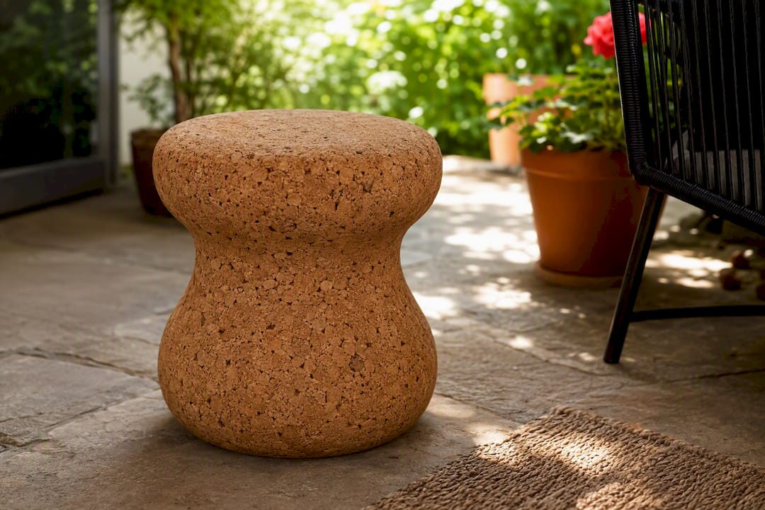 Solid cork champagne side table close-up