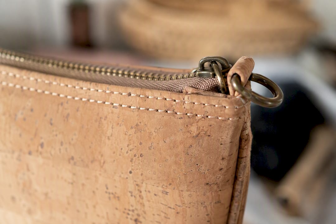 Close-up of cork bag seam and stitching