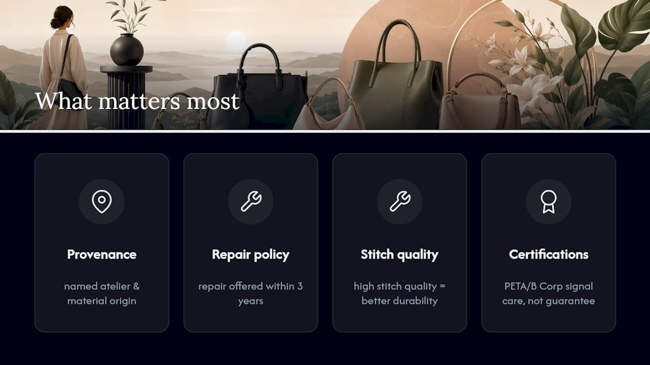 Comparison of vegan handbag quality criteria