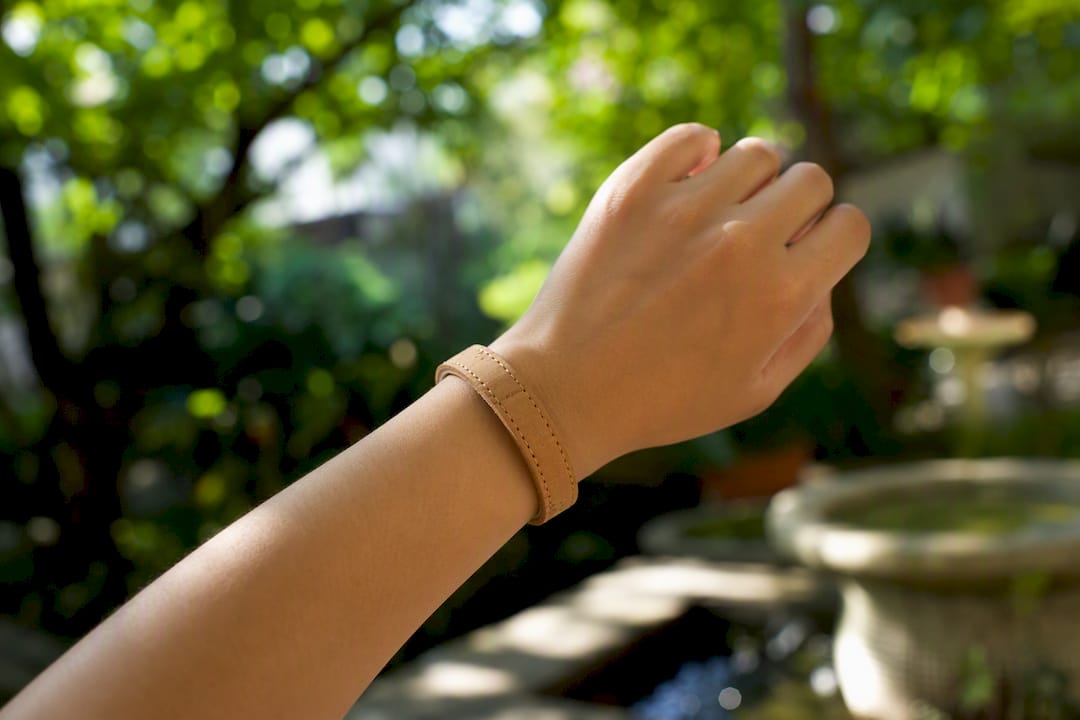 Close-up of wrist with lightweight cork bracelet