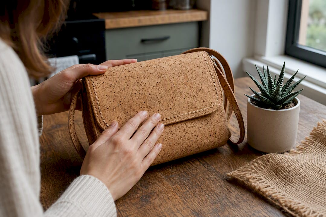 Hand inspecting cork handbag fabric