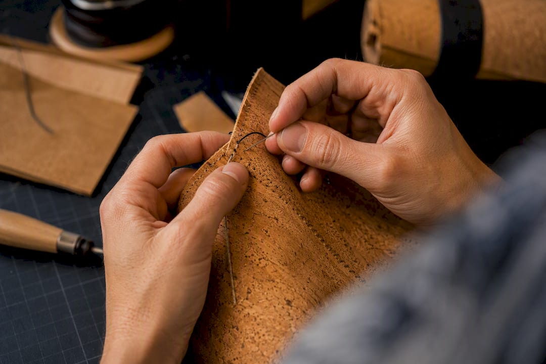 Artisan stitching cork fabric close-up
