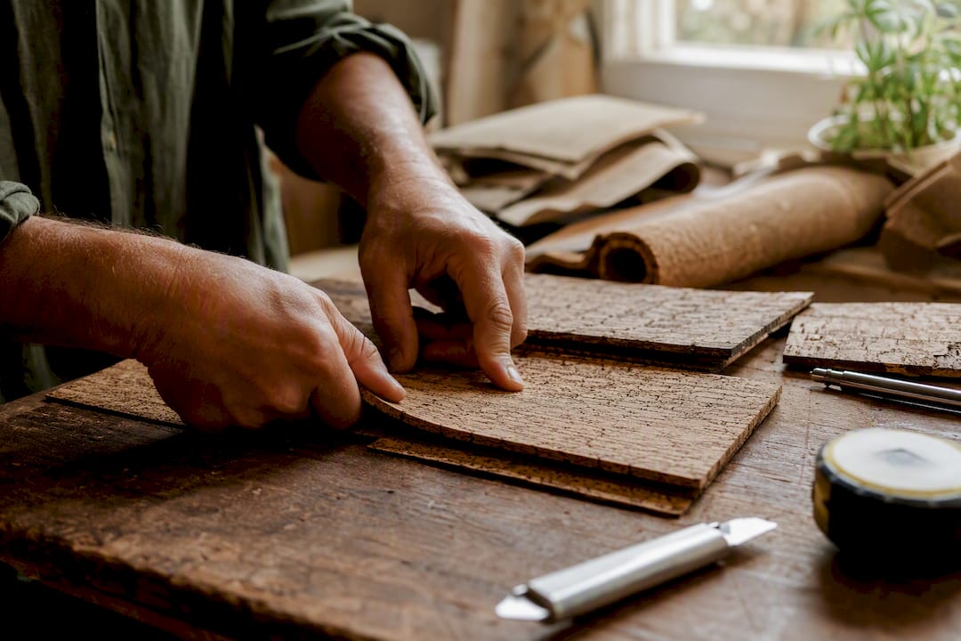 Hands cutting cork veneer panels