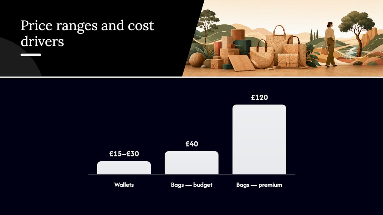 Diagram showing cork bag wallets price range and quality factors