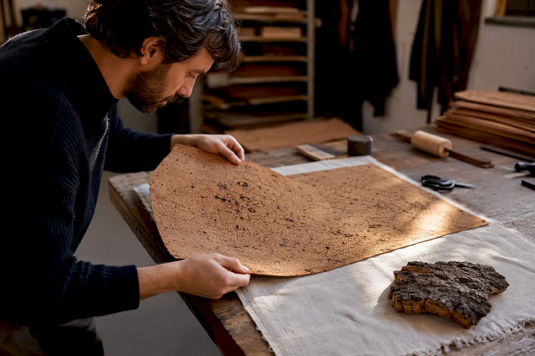 Worker preparing cork sheets for lamination