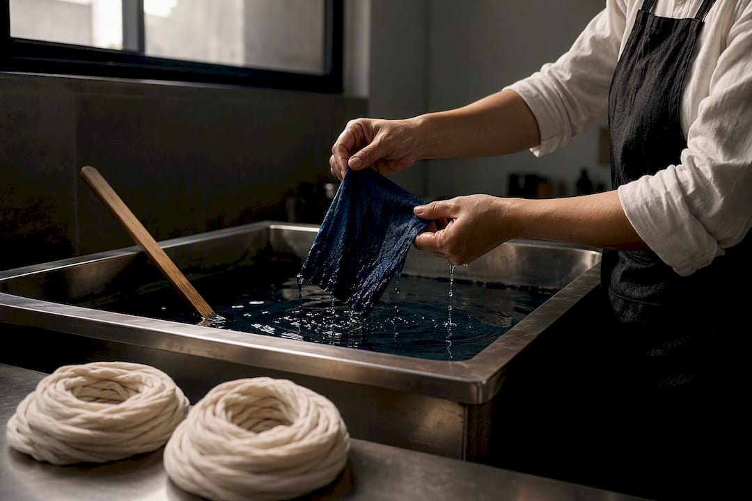 Hands lifting dyed textile from a vat