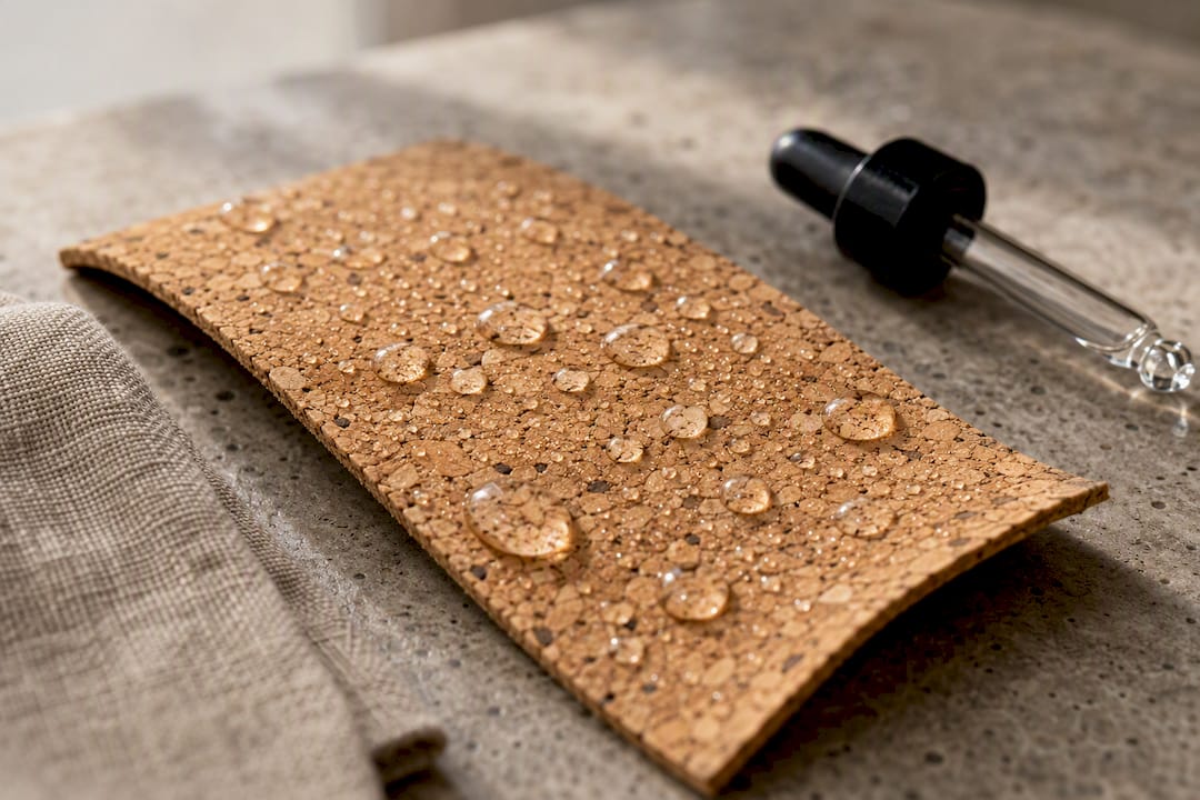 Water droplets beading on durable cork material