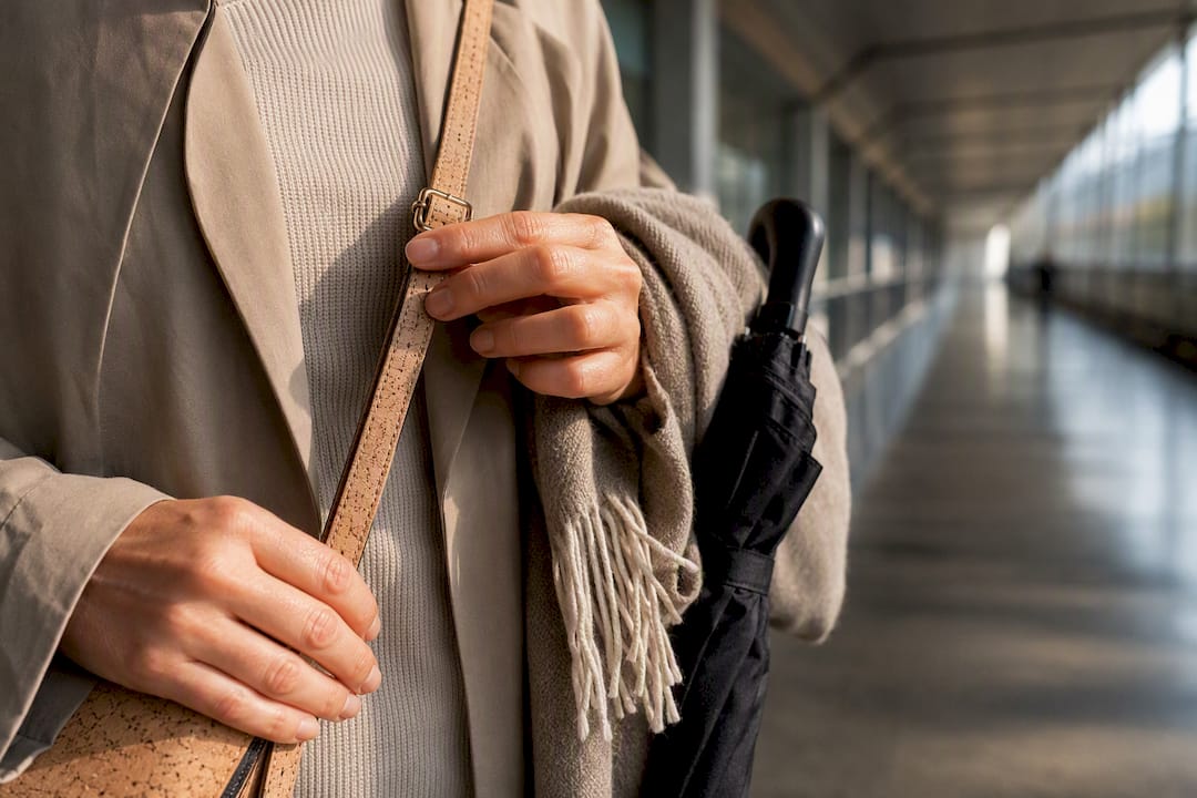 Commuter adjusting a cropped cork accessory strap
