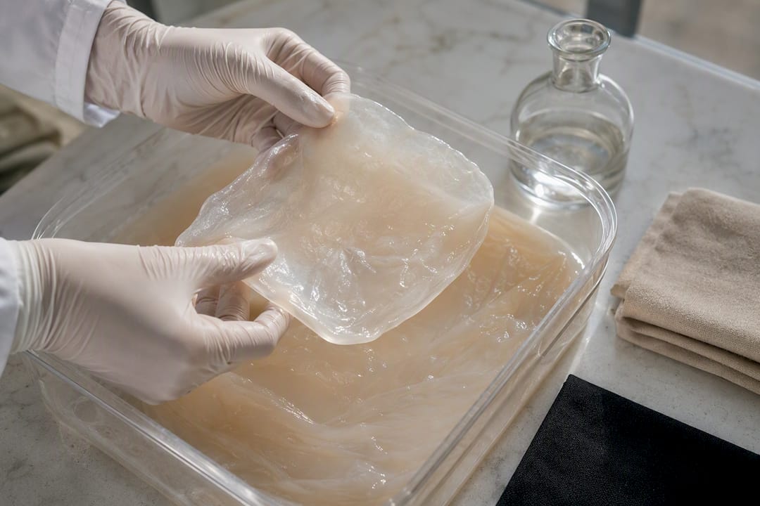 Bacterial cellulose sheet lifted from cultivation tray