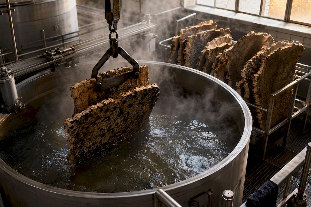 Cork slabs undergoing boiling at processing mill