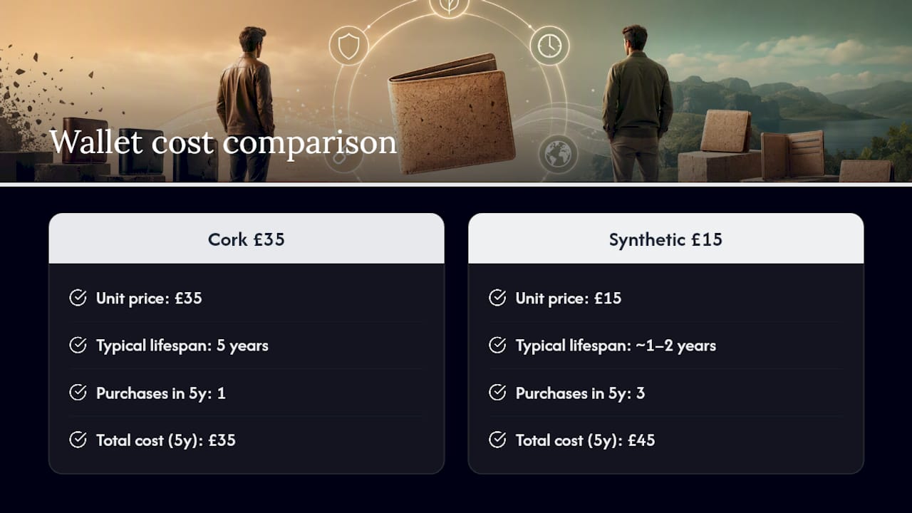 Five-year cost comparison for cork and synthetic wallets