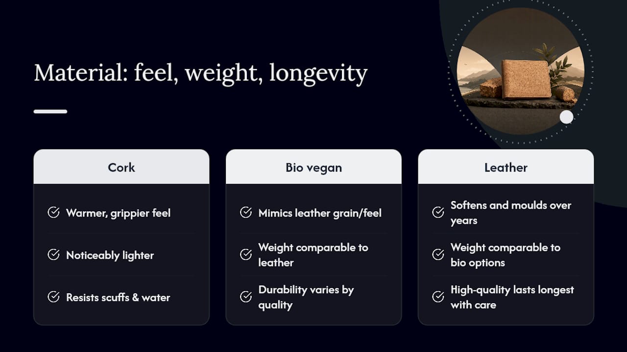 Vegan wallets versus leather: feel, weight and longevity — overview diagram