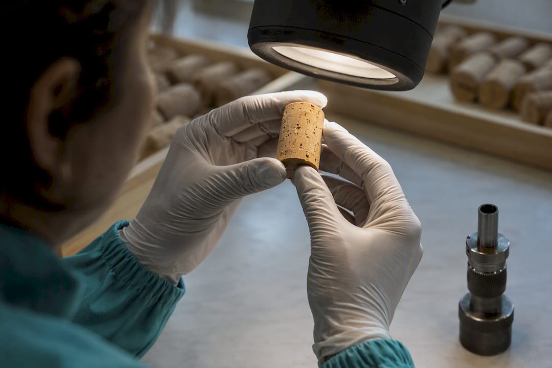 Hands inspecting natural cork stoppers