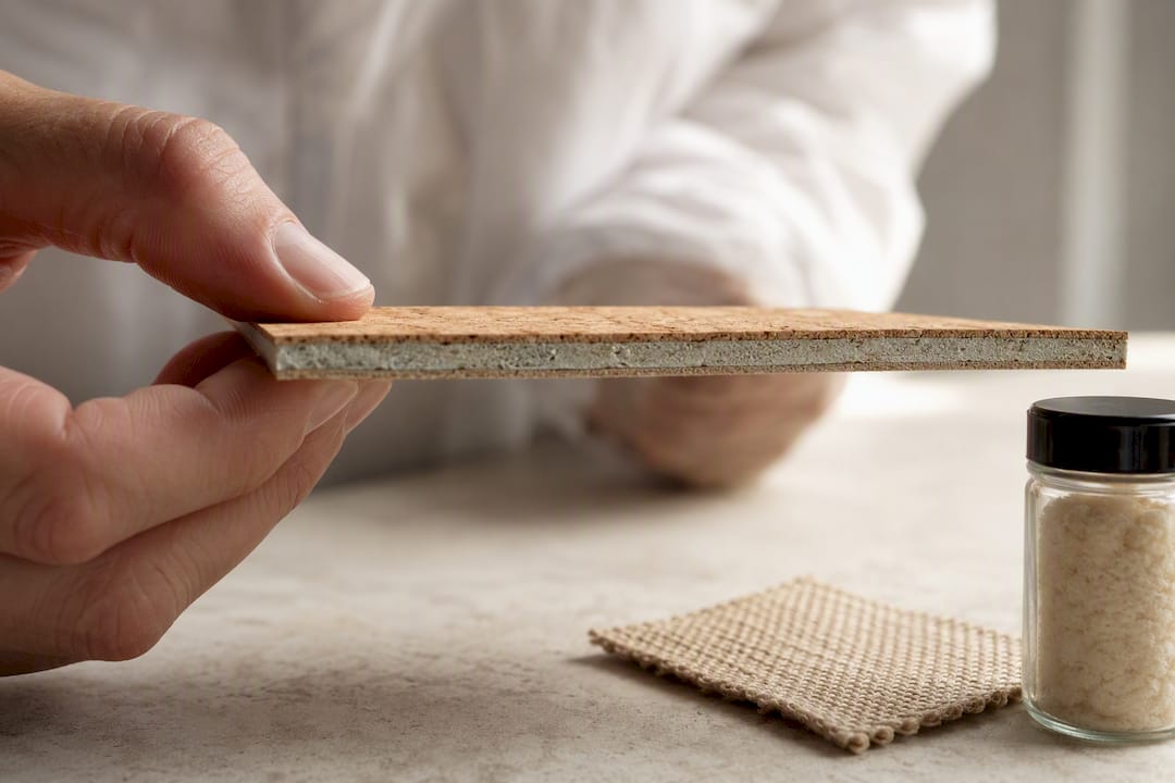 Cork sample showing backing and finish layers