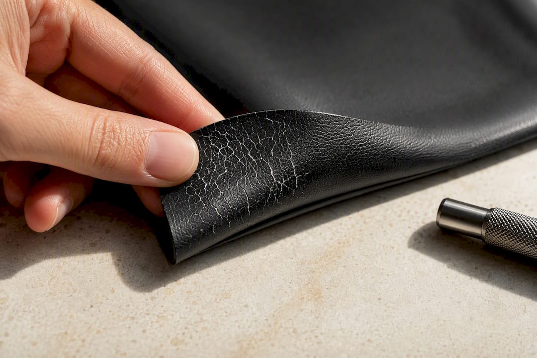 Hand flexing faux leather with white cracks