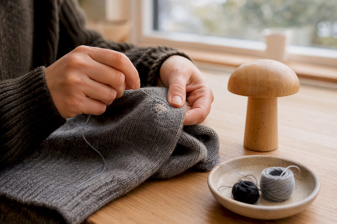 Hands patching a worn wool jumper