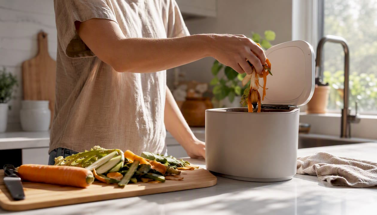 Adding vegetable scraps to food caddy