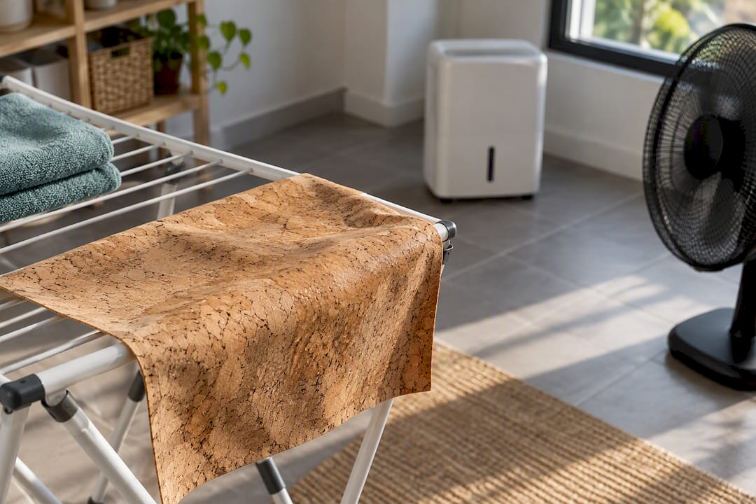 Cork fabric corner drying safely indoors