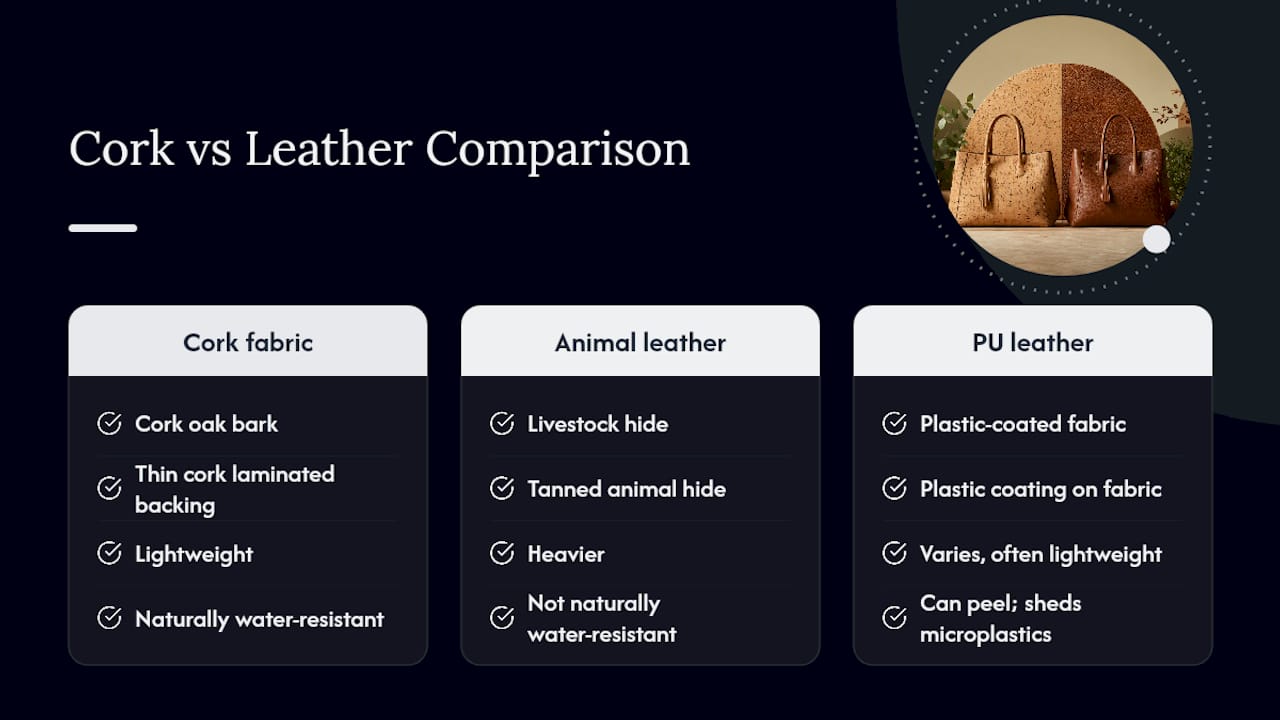 What is muskin leather (cork fabric) and how does it compare with animal leather and PU? — overview diagram