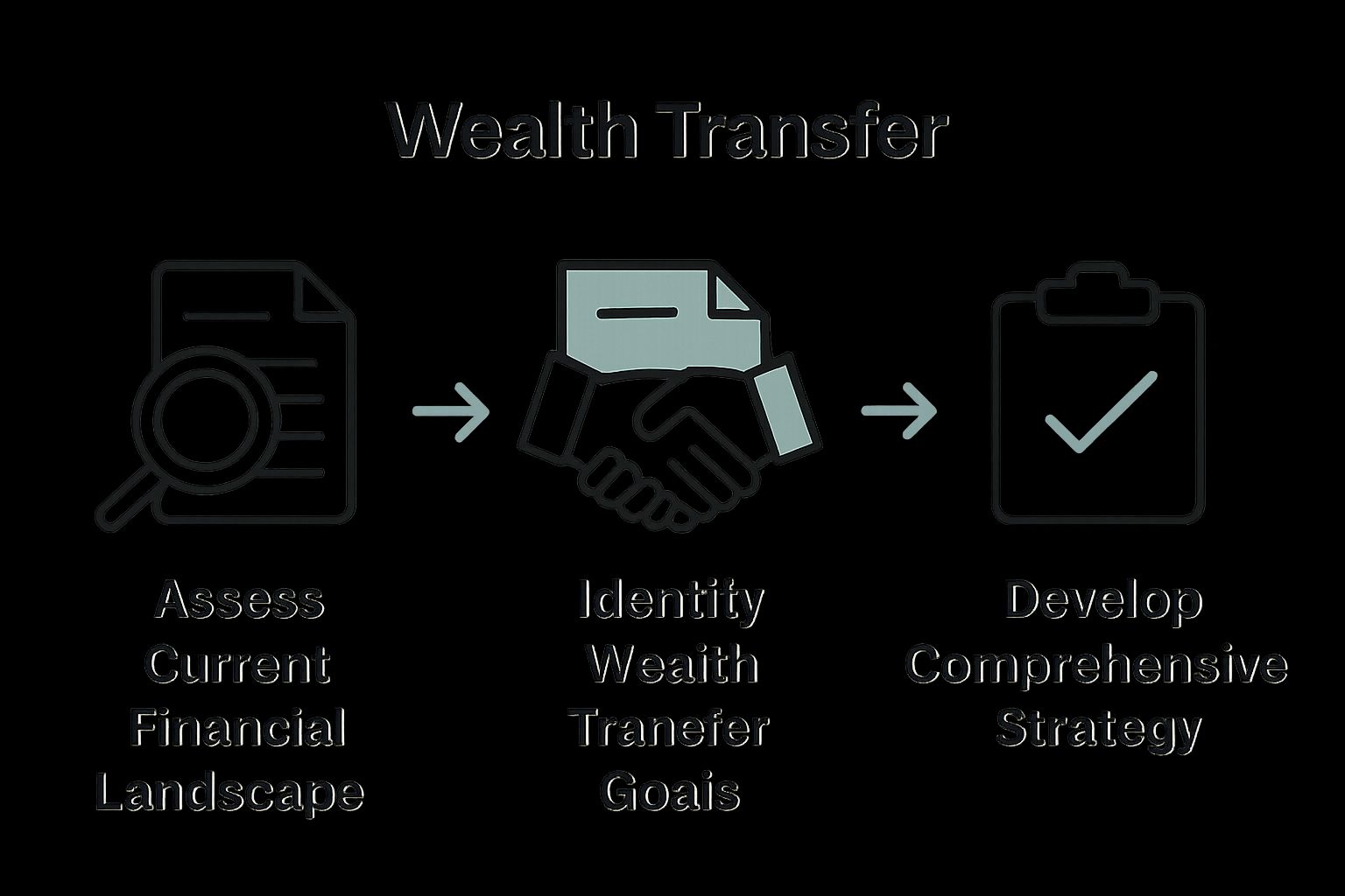 Three-step wealth transfer workflow diagram with simple icons