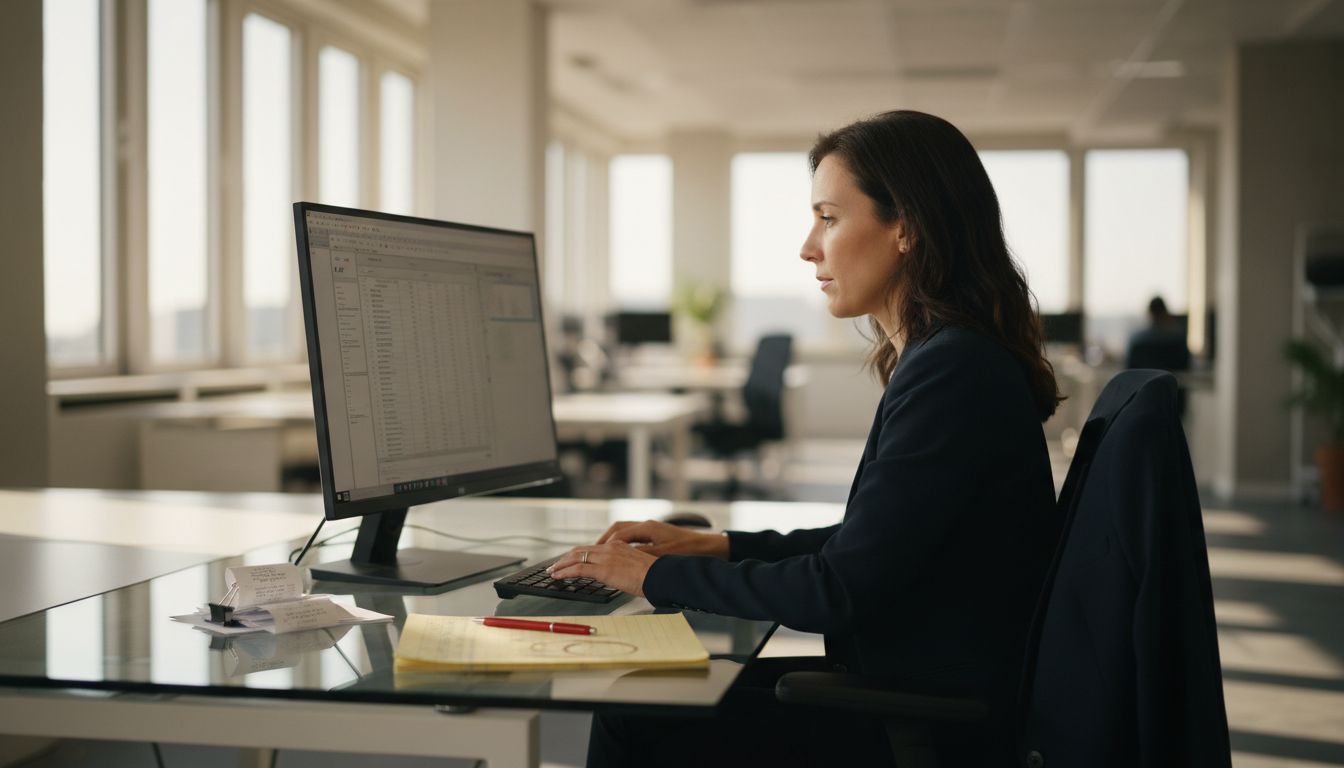Woman enters tax data in open office