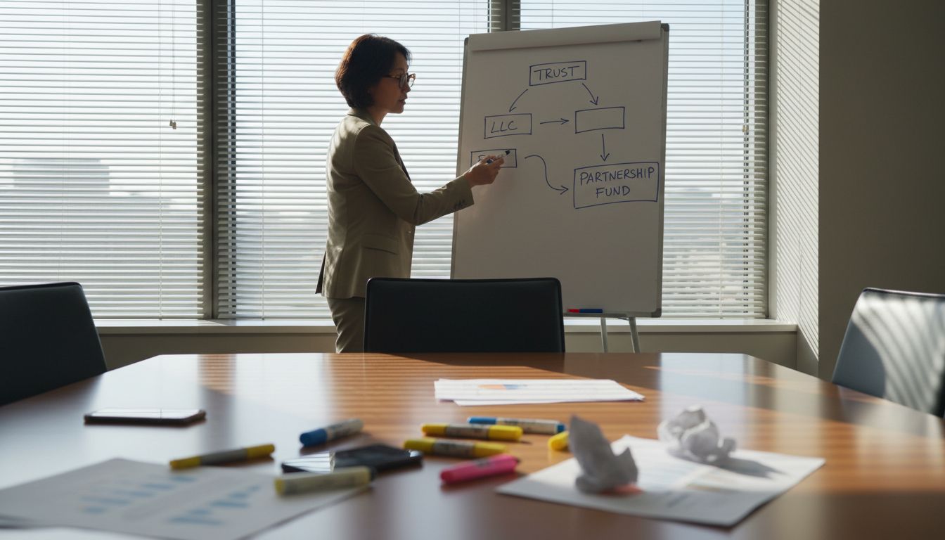 Fund Structuring Basics: Building Blocks for Family Offices 1 Advisor explaining fund structure variations on flip chart